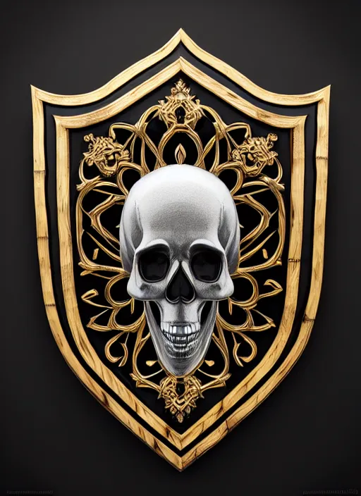 Image similar to black background, a beautiful symmetrical skull on a wooden shield, front facing view, mirrored, ornamental art, octane render, royal shield