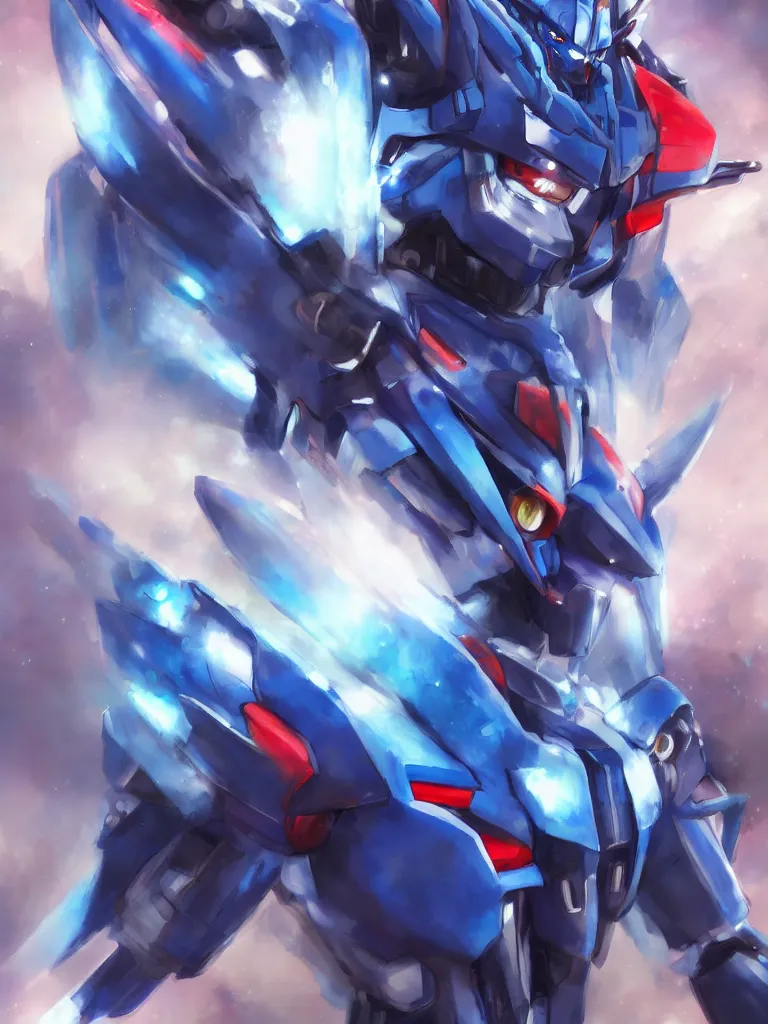 Image similar to A realistic anime portrait of a man in a Gundam suit with glowing blue, digital painting, by Stanley Artgerm Lau, Sakimichan, WLOP and Rossdraws, digtial painting, trending on ArtStation, SFW version