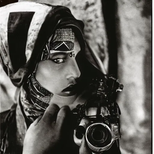 Prompt: A Moroccan cyborg, portrait, 35mm film, Taschen, by Annie Liebovitz, Noriaki Yokosuka, Tadanori Yokoo