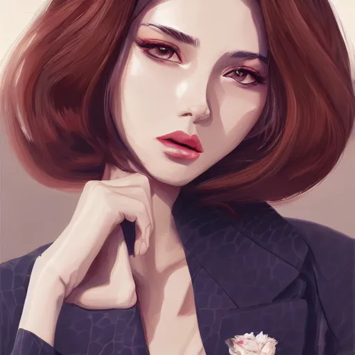 Image similar to cute beautiful decisive girl in jacket suit with snake print over bare skin, elegant, 2d, ultra highly detailed, digital painting, smooth, sharp focus, artstation, pixiv, art by Ilya Kuvshinov