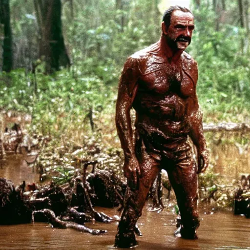 Image similar to cinematic still of sean connery, covered in mud and watching a predator in a swamp in 1 9 8 7 movie predator, hd, 4 k