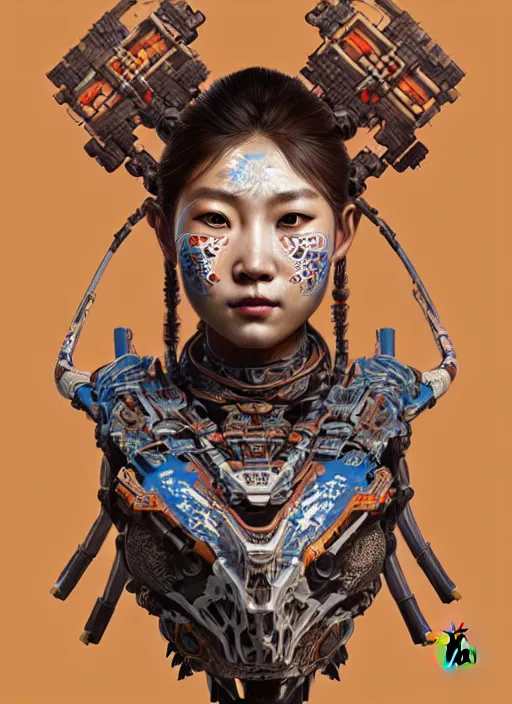 Image similar to portrait of a machine from horizon zero dawn, machine face, upper body, decorated with chinese opera motifs, asian, traditional chinese art, intricate, elegant, highly detailed, digital painting, artstation, concept art, smooth, sharp focus, illustration, art by artgerm and greg rutkowski and alphonse mucha, 8 k