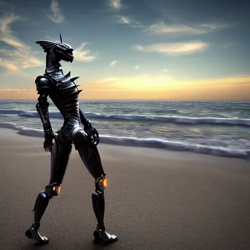 Image similar to cinematic body shot, realistic detailed stunning beautiful armored anthropomorphic female robot dragon, looking to the side with an elegant pose of hand on hip, smooth and streamlined armor and design made of steel, sharp claws and sharp teeth, high quality head, Slick LEDs, on the beach during sunset, high quality, cinematic art, sci fi, sunset lighting, 3D render, 8k, artstation, deviantart, furaffinity