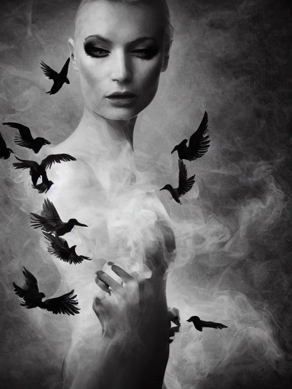 Image similar to portrait of iconic beautiful woman in sophisticated black dress keeping in hands white birds that flying apart turning to smoke and fire and dust. chaotic maximalistic surreal composition, 35mm double-exposure photo, thick fog, daylight, deep shadows, depth of field, cinematic lightning, wide angel, eerie atmosphere, motion blur, HD, smooth and very detailed quality, masterpiece, volumetric lightning, chromatic aberration, Richard Avedon, style of Ade Santora, Tatiana Gorilovsky, cinematic composition, occult, german expressionism, masterpiece, intricate detailed, deep rich palette, wide angel shot