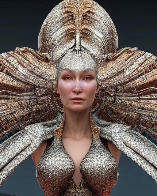 Image similar to a highly detailed metahuman 4 k close up render of an alien goddess bella hadid monument devil in iris van herpen dress schiaparelli in diamonds crystals swarovski and jewelry iridescent in style of alphonse mucha gustav klimt trending on artstation made in unreal engine 4