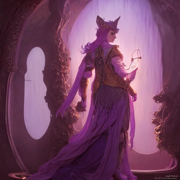 Prompt: veiled d & d bard with her lilac leather armor in a fantasy inn, volumetric lighting, fantasy, intricate, elegant, highly detailed, lifelike, photorealistic, digital painting, artstation, fox ears illustration, concept art, sharp focus, byalbert aublet and krenz cushart and artem demura and alphonse mucha