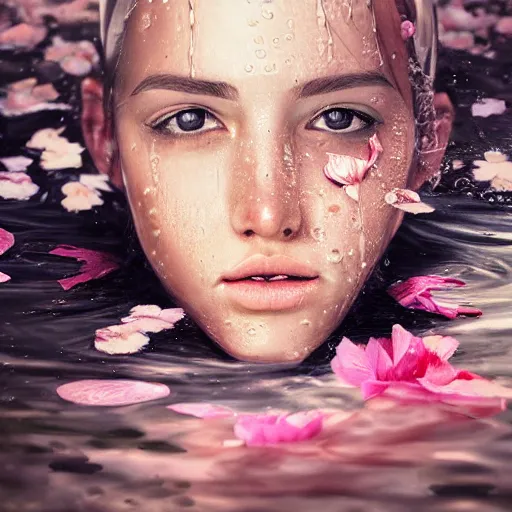 Image similar to epic portrait of a girls face laying in water, surrounded by loose petals, beautiful, high detail, concept art, realistic