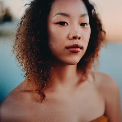 Prompt: closeup photo of a beautiful woman face, golden hour, 8 0 mm lens, polaroid