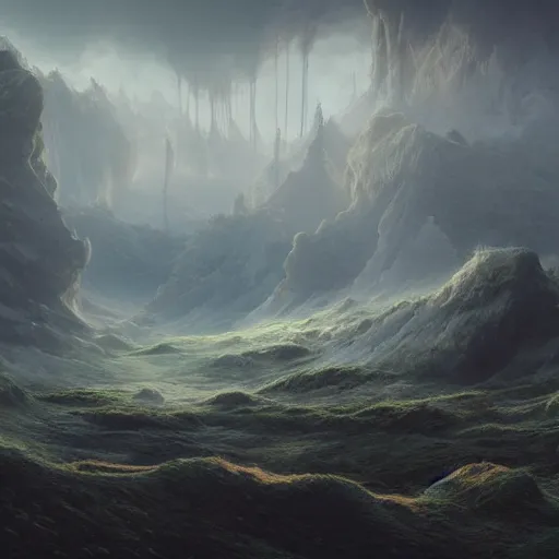 Image similar to ethereal landscape with plumes of faint smoke, concept art, hyper detailed, matte painting