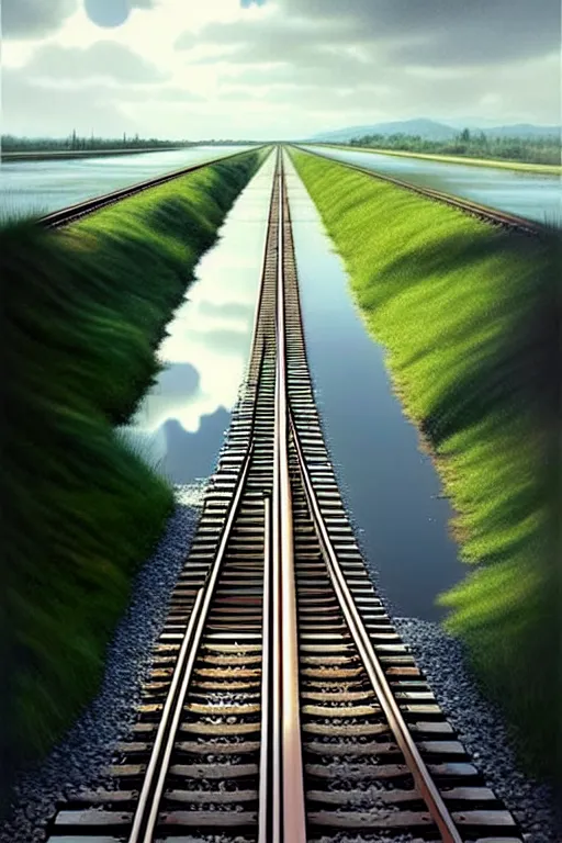 Image similar to shallow reflective water completely covers submerged invisible train tracks as a girl carries her shoes, there is a train station in the distance and large white clouds on a wide horizon, intricate, elegant, highly detailed, digital photo, artstation, concept art, smooth, sharp focus, art by artgerm and greg rutkowski and fra angelico