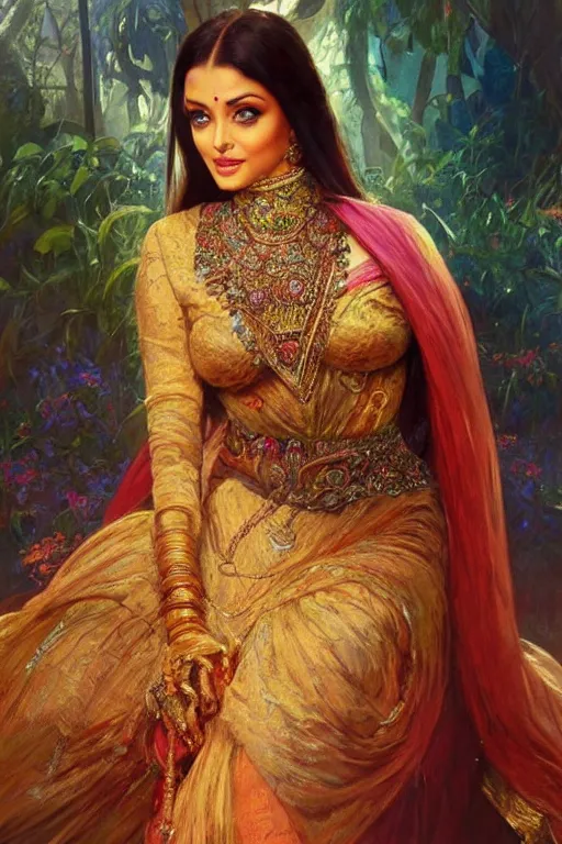 Prompt: Aishwarya Rai Bachchan portrait, India fantasy, elegant, intricate, by Stanley Artgerm Lau, greg rutkowski, thomas kindkade, alphonse mucha, loish, norman Rockwell