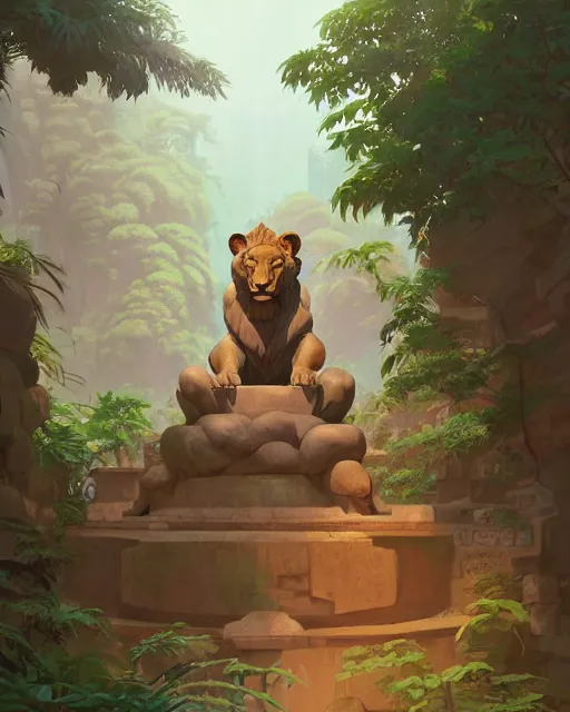 Image similar to statue of a lion in a temple, lush vegetation, waterfalls, cory loftis, james gilleard, atey ghailan, makoto shinkai, goro fujita, character art, rim light, exquisite lighting, clear focus, very coherent, plain background, soft painting