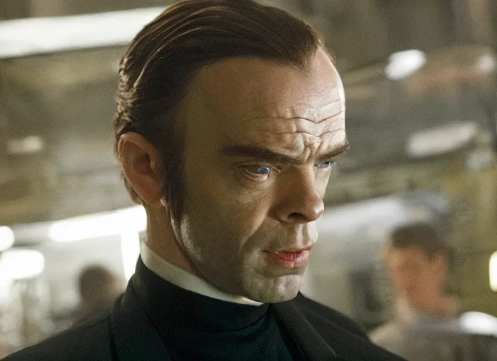 Image similar to film still of young hugo weaving as agent smith working in a bakery in the new matrix movie, 4 k