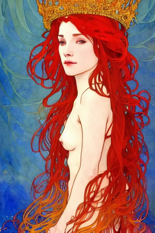 Image similar to watercolor, a red hair female underwater with a crown made of long golden fish!!, intricate, elegant, highly detailed, my rendition, digital painting, trending on artstation, concept art, smooth, sharp focus, illustration, art by alphonse mucha