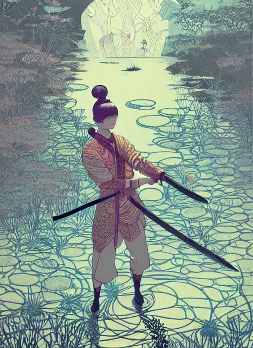 Image similar to third lotus prince committed suicide by drawing his sword by the riverby ilya kuvshinov and victo ngai