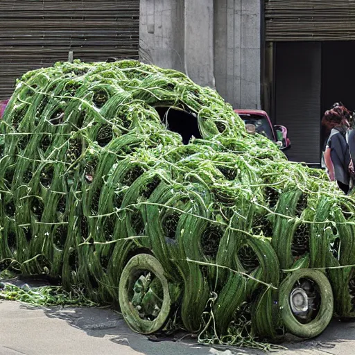 Image similar to a car wrapped in vines being crushed, heonhwa choe, photorealistic