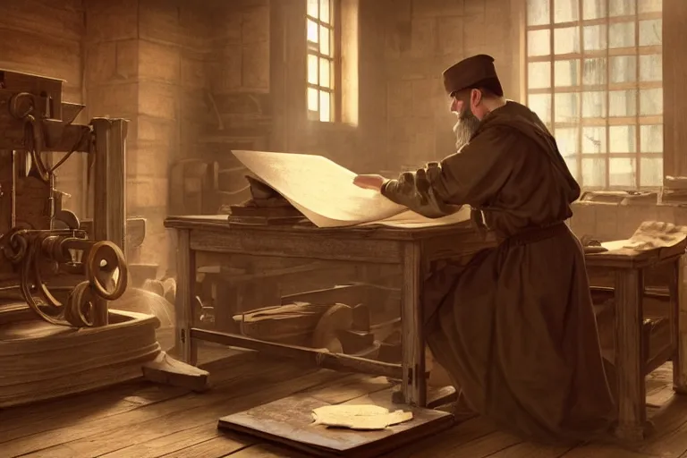 Prompt: still photo of johannes gutenberg inventing the printing press, highly detailed, photorealistic shot, bright studio setting, studio lighting, crisp quality and light reflections, unreal engine 5 quality render