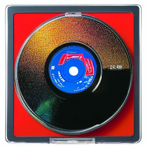 Prompt: birds eye view wide angle portrait of a beautiful, colorful, cd case on a blank white table with a cd that is reflecting a lot of color off of it and has a red sticker on the case, detailed, award winning, 8 5 mm, bokeh