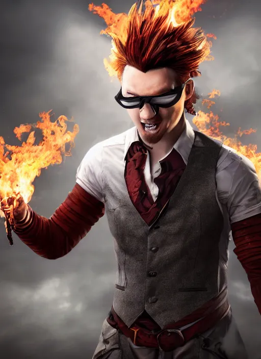 Prompt: An epic fantasy comic book style portrait painting of young man with red spiked long hair, using googles. Wearing a black waistcoat, white shirt. He is throwing a wild fire blast from his hands, with a vicious smile in face. Unreal 5, DAZ, hyperrealistic, octane render, cosplay, RPG portrait, dynamic lighting