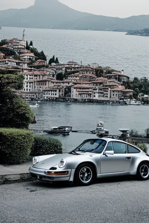 Prompt: Photo of a silver Porsche 911 Carrera 3.2 parked on a dock in Lake Como in the background, daylight, dramatic lighting, award winning, highly detailed, 1980s Versace ad, cinestill 800t, fine art print, best selling.