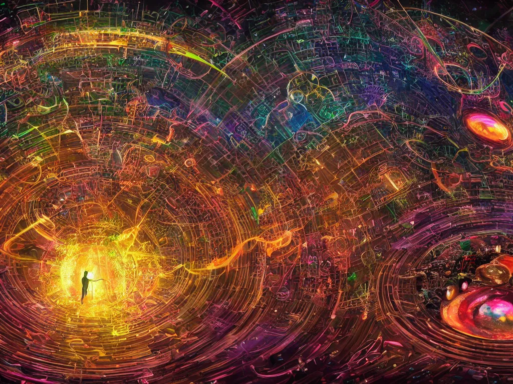 Image similar to an incredible masterpiece of a mystical dj playing a vast array of highly evolved and complex musical technology surrounded by an incredible and complex circular structure in the cosmos, by android jones, octane render, 8 k