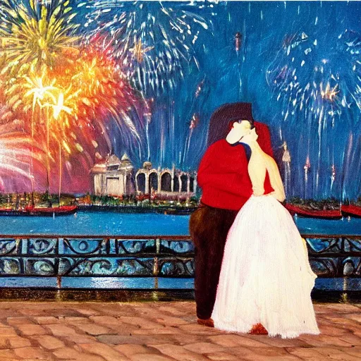 Image similar to an oil painting of couple kissing, in a background fireworks in venice