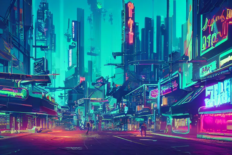 Image similar to a dreamlike cyberpunk city sit in the very far future, neon signs, shops and bars, floating buildings, glowing neons, synthwave, slightly abstract, rich deep colors, 4 k, realistic photography, flying cars in the distance, robot humanoids, anthropomorphic vehicles, fantasy setting, brilliant dreamy lighting, 8 0 s vibe, morning, blue sun