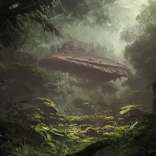 Image similar to An intact ancient alien ship, discovered half-buried in the jungles of Papua New Guinea, detailed fantasy art by Greg Rutkowski