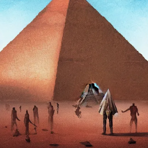 Image similar to Pyramid Head standing in front of The Great Pyramid of Giza, intricate, highly detailed, fullbody, artstation, dark fantasy, horror, Silent Hill game, concept art, smooth, sharp focus, illustration, art by greg rutkowski and orientalism and bouguereau and Zdzislaw Beksinski, good clear quality, lighting, biology, symmetrical artwork, perfect face, 135 mm, cinematic, hyper realism, high detail, octane render, 8k, chrome accents