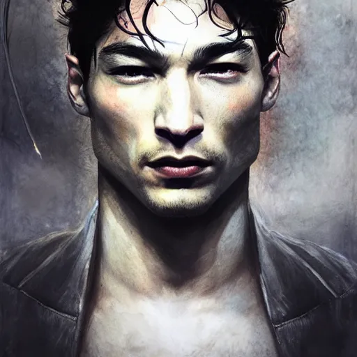 Image similar to ezra miller as flash, hyperrealistic portrait, bladerunner street, by karol bak and agnes cecile and artgerm, fantasy art, photo realistic, dynamic lighting, artstation, poster, volumetric lighting, very detailed face, 8 k, award winning