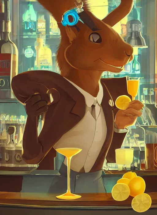 Image similar to squirrel anthro as a dapper bartender with a big, fluffy tail, retro futurism, art deco, detailed, painterly digital art by WLOP and Cory Loftis and John La Farge, 🐿🍸🍋, furaffinity, trending on artstation