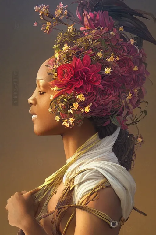 Image similar to ultra realistic illustration, beautiful swahili woman with flowers blossoming from helmet, elegant, highly detailed, digital painting, concept art, smooth, sharp focus, illustration, art by artgerm and greg rutkowski and alphonse mucha