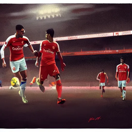 Image similar to mikel arteta spoon feeding gabriel jesus at the emirates, style of by jordan grimmer and greg rutkowski, crisp lines and color,