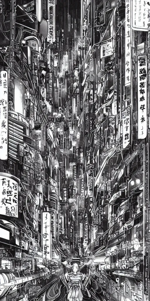 Prompt: beautiful and detailed anime drawing of an GHOST IN THE SHELL-like cyberpunk city landscape with light trail from a motorcycle at the bottom and a bridge silhouette at the top, japan at night, 1980s, by Katsuhiro Otomo and mamoru oshii, wide angle, worm\'s eye view, grand, clean, colorful