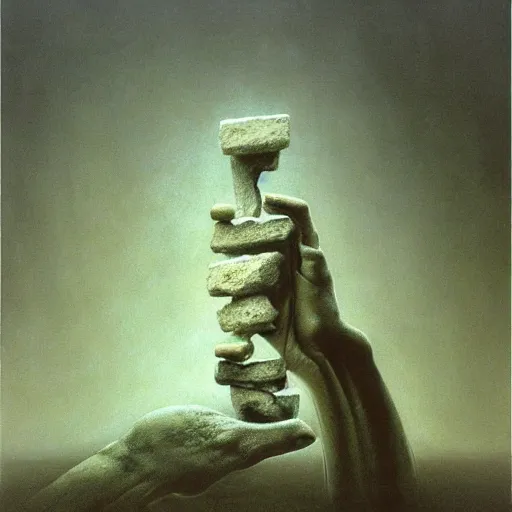 Prompt: arm reaching out of thick fog, marble tablets, zdzislaw beksinski