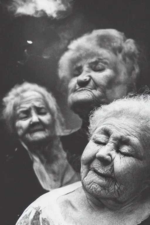 Prompt: Realistic high-resolution black and white photograph with 50 mm f/1.2 lens of old women with closed eyes spouting ECTOPLASMA from their mouths. A thick white liquid floating in the air