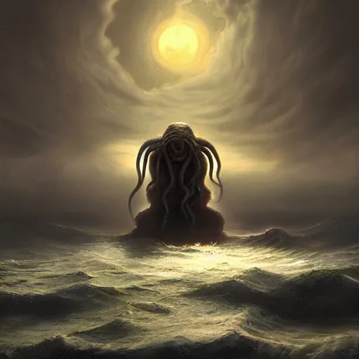 Prompt: a digital painting of a gigantic cthulhu coming out of the sea, back lighting, dramatic scene, detailed, night time, full moon, in the style of greg rutkowski