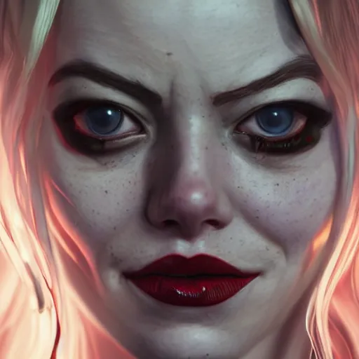 Prompt: portrait of emma stone as harley quinn, au naturel, hyper detailed, digital art, trending in artstation, cinematic lighting, studio quality, smooth render, unreal engine 5 rendered, octane rendered, art style by klimt and nixeu and ian sprigger and wlop and krenz cushart.