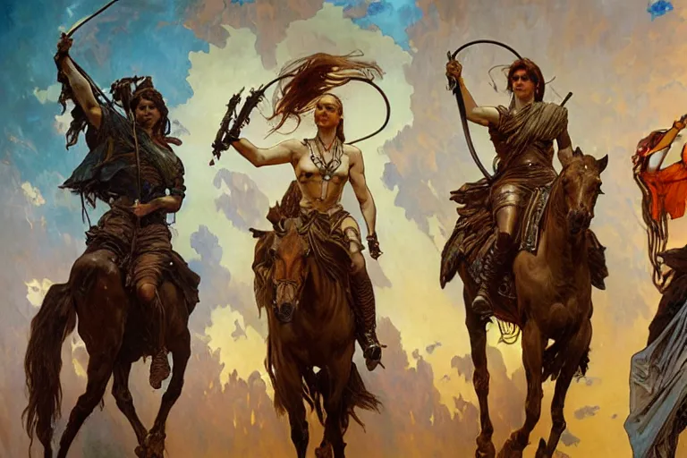 Prompt: the four horsemen of the apocalypse, painting by greg rutkowski and alphonse mucha