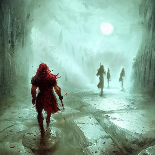 Image similar to Gods walking through hell, fantasy, by Marc Simonetti