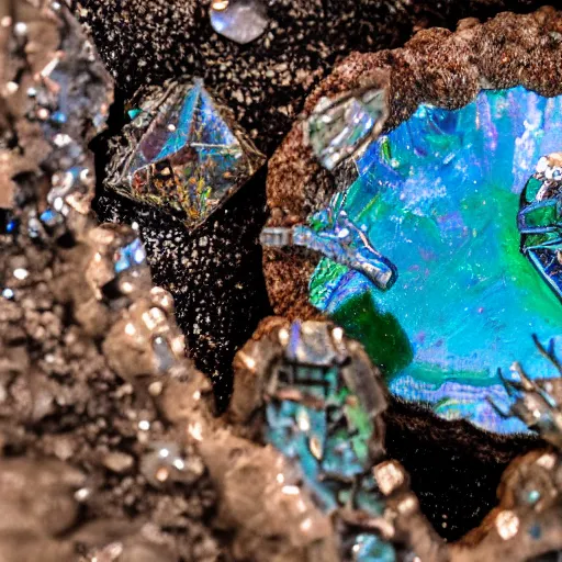 Image similar to a dinosaur skeleton on a iridescent crystal cracked geode