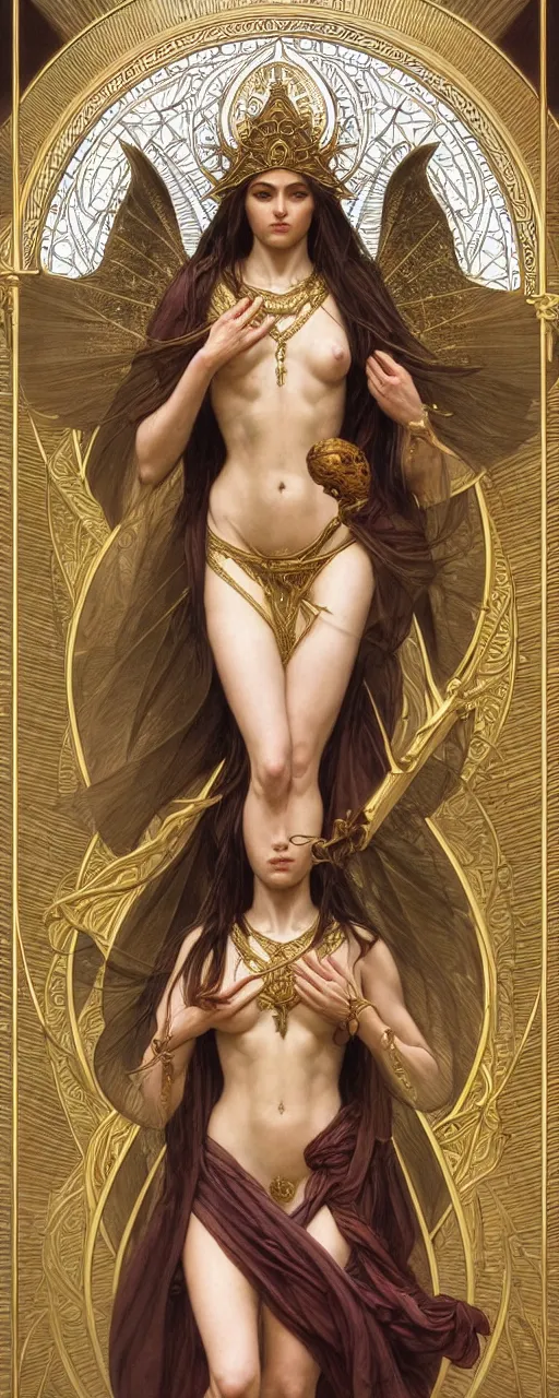 Prompt: perfectly detailed esoteric goddess of scales judgement tarot card!! blessed by nature with ever - increasing physical mental perfection, symmetrical! intricate, sensual features, highly detailed, biblical divine holy perfection!! digital painting, artstation, concept art, smooth, sharp focus, illustration, art by artgerm and greg rutkowski and alphonse mucha