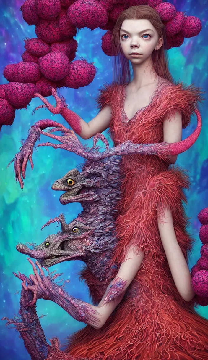 Prompt: hyper detailed 3d render like a Oil painting - kawaii portrait Aurora (a beautiful skeksis queen from dark crystal that looks like Anya Taylor-Joy) seen red carpet photoshoot in UVIVF posing in scaly dress to Eat of the Strangling network of yellowcake aerochrome and milky Fruit and His delicate Hands hold of gossamer polyp blossoms bring iridescent fungal flowers whose spores black the foolish stars by Jacek Yerka, Ilya Kuvshinov, Mariusz Lewandowski, Houdini algorithmic generative render, Abstract brush strokes, Masterpiece, Edward Hopper and James Gilleard, Zdzislaw Beksinski, Mark Ryden, Wolfgang Lettl, hints of Yayoi Kasuma, octane render, 8k