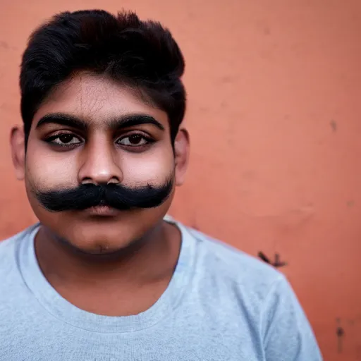 Prompt: close - up portrait photograph of a large teenage indian male with black eyes, a big mouth, chubby facial features, a messy stubble and thin moustache, and short touselled black hair, highly detailed, anatomically correct features,