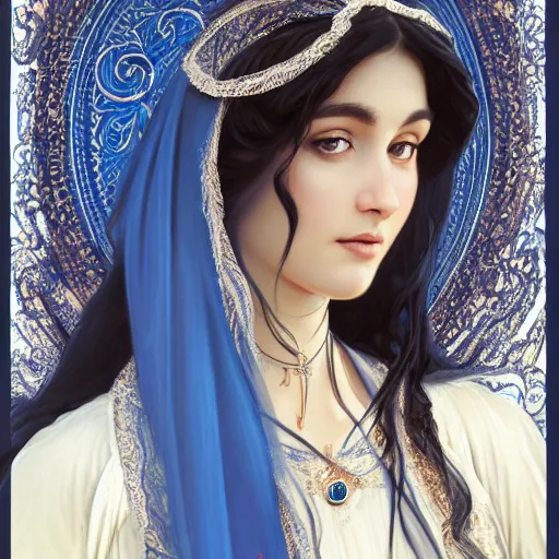 Prompt: ameera al taweel, bright blue eyes, long wavy black hair, white veil, front , highly detailed, digital painting, artstation, concept art, smooth, sharp focus, illustration, ArtStation, art by artgerm and greg rutkowski and alphonse mucha and Edmund Blair Leighton