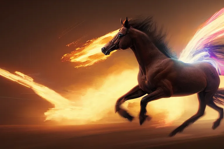 Prompt: a stunning digital painting of a horse as a speedster running in the speedforce by greg rutkowski, volumetric light, digital art, fine detail, photorealistic