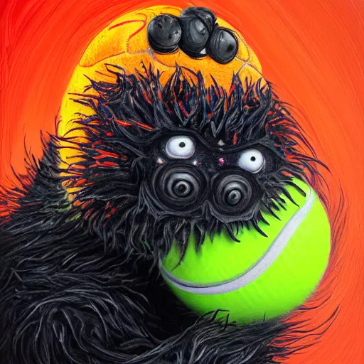 Image similar to a tennis ball monster starring into the camera, fixed eyes, flowing black coat with glowing neon orange trim, inside a museum, colorful, surreal, dramatic lighting, face, detailed, intricate, elegant, highly detailed, digital painting, artstation, concept art, smooth, sharp focus, illustration, art by sam spratt, dan mumford, artem demura and alphonse mucha