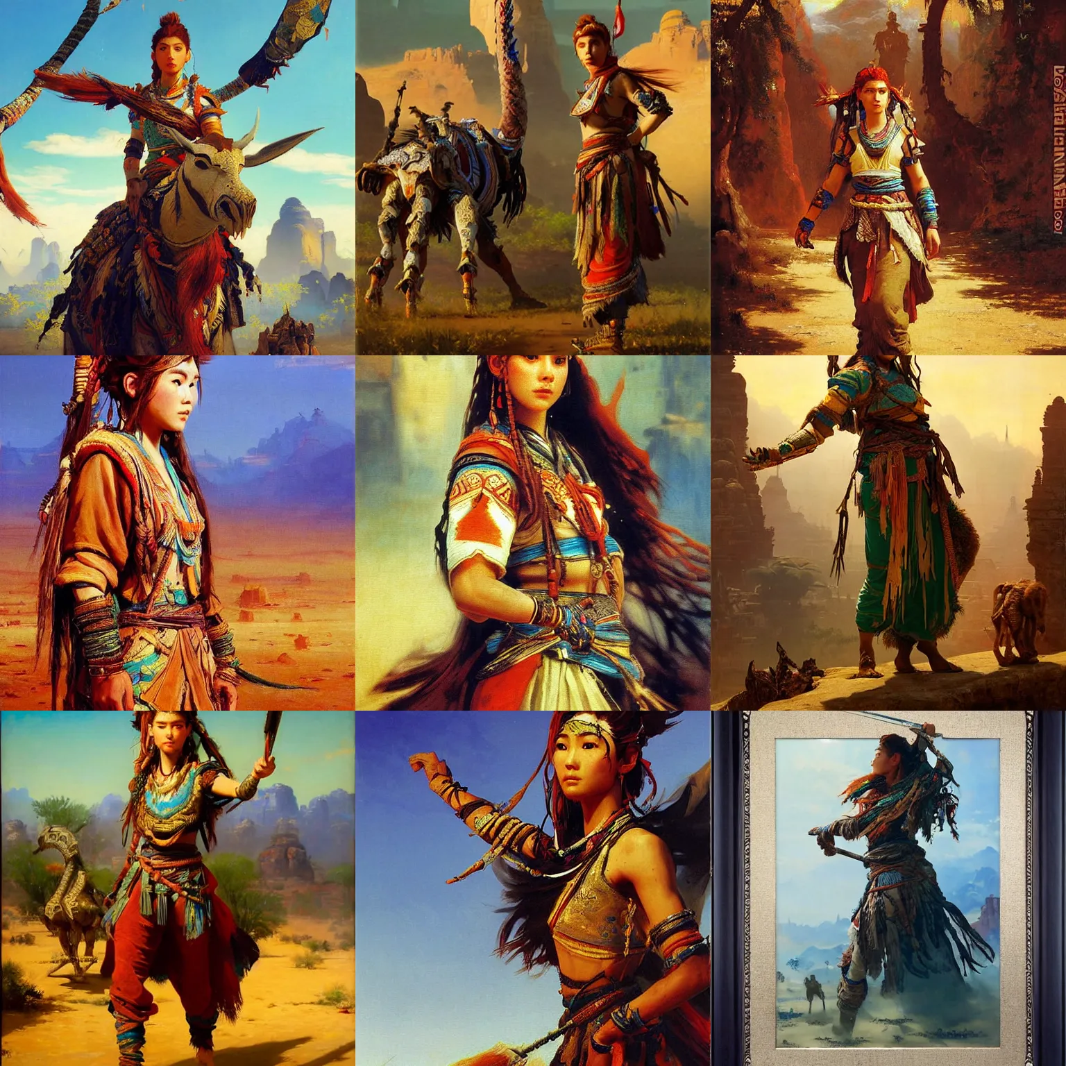 Prompt: orientalist painting of aloy from horizon zero dawn by jean - leon gerome and otto pilny and adrien henri tanoux