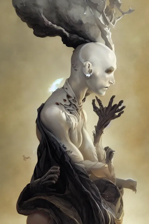 Image similar to a humanoid creature with pale white skin and intricate designs inset into its skin. the creature is bald. it is wearing a black flowing cloak that looks like mist. art by peter mohrbacher.