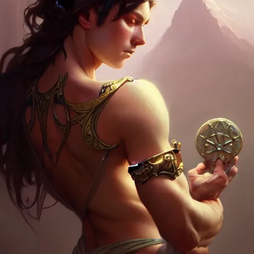 Image similar to , muscular upper body, D&D, fantasy, intricate, elegant, highly detailed, digital painting, artstation, concept art, smooth, sharp focus, illustration, art by artgerm and greg rutkowski and alphonse mucha